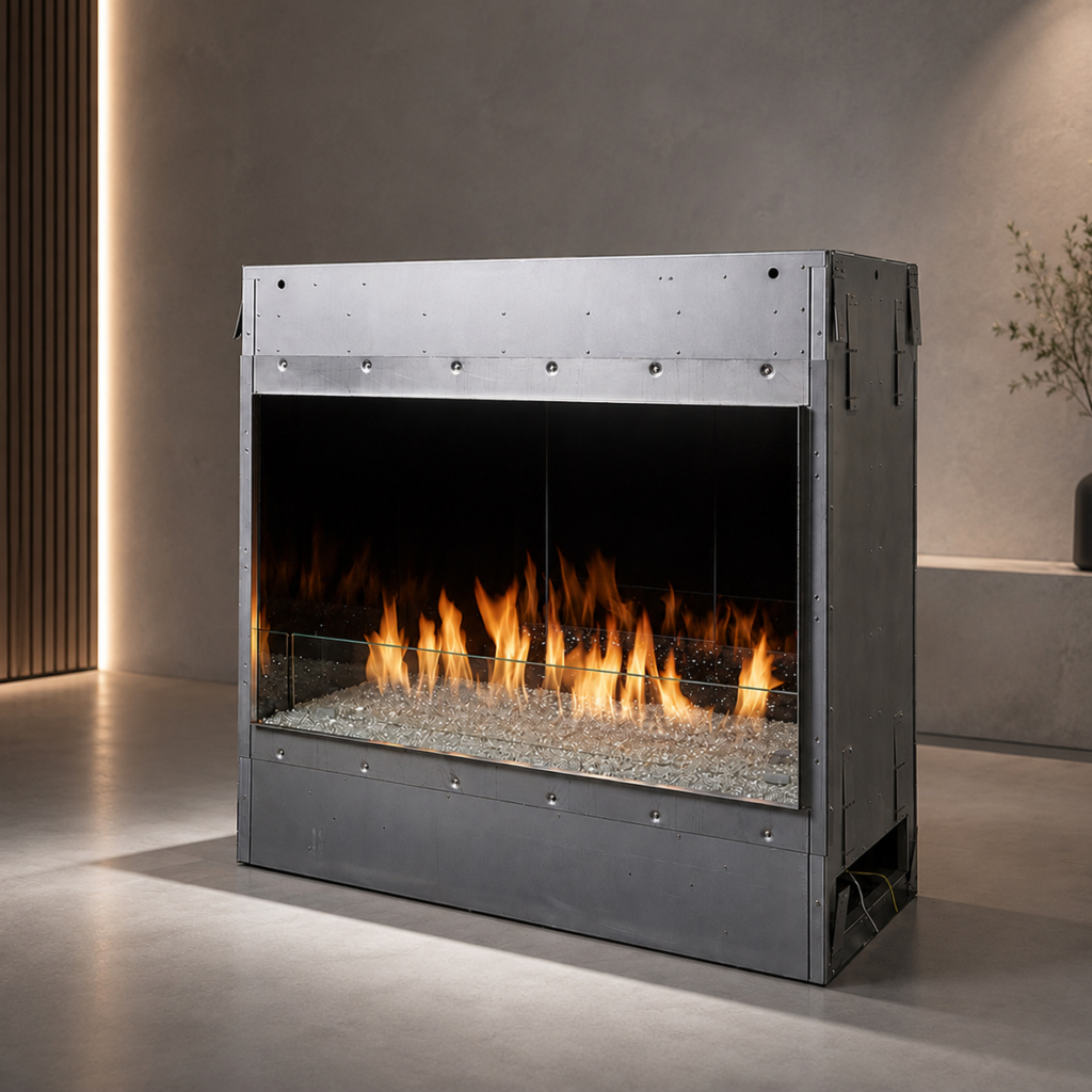 Industrial metal fireplace with glass front and visible flames in a minimalist living space.
