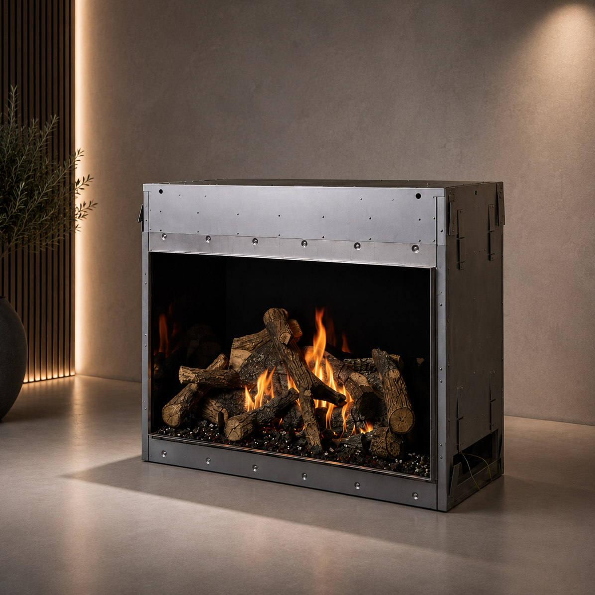 Industrial metal fireplace insert with burning logs and orange flames in a minimalist living room.