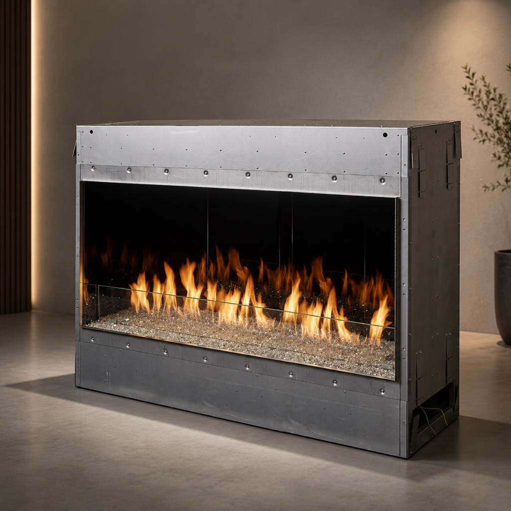Modern metal corner fireplace with a long rectangular glass front and visible flames above glass pebbles in the tray.