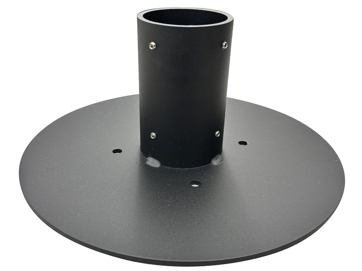 Round black metal base plate with a hollow vertical tube for mounting a pole (pole/post mount).