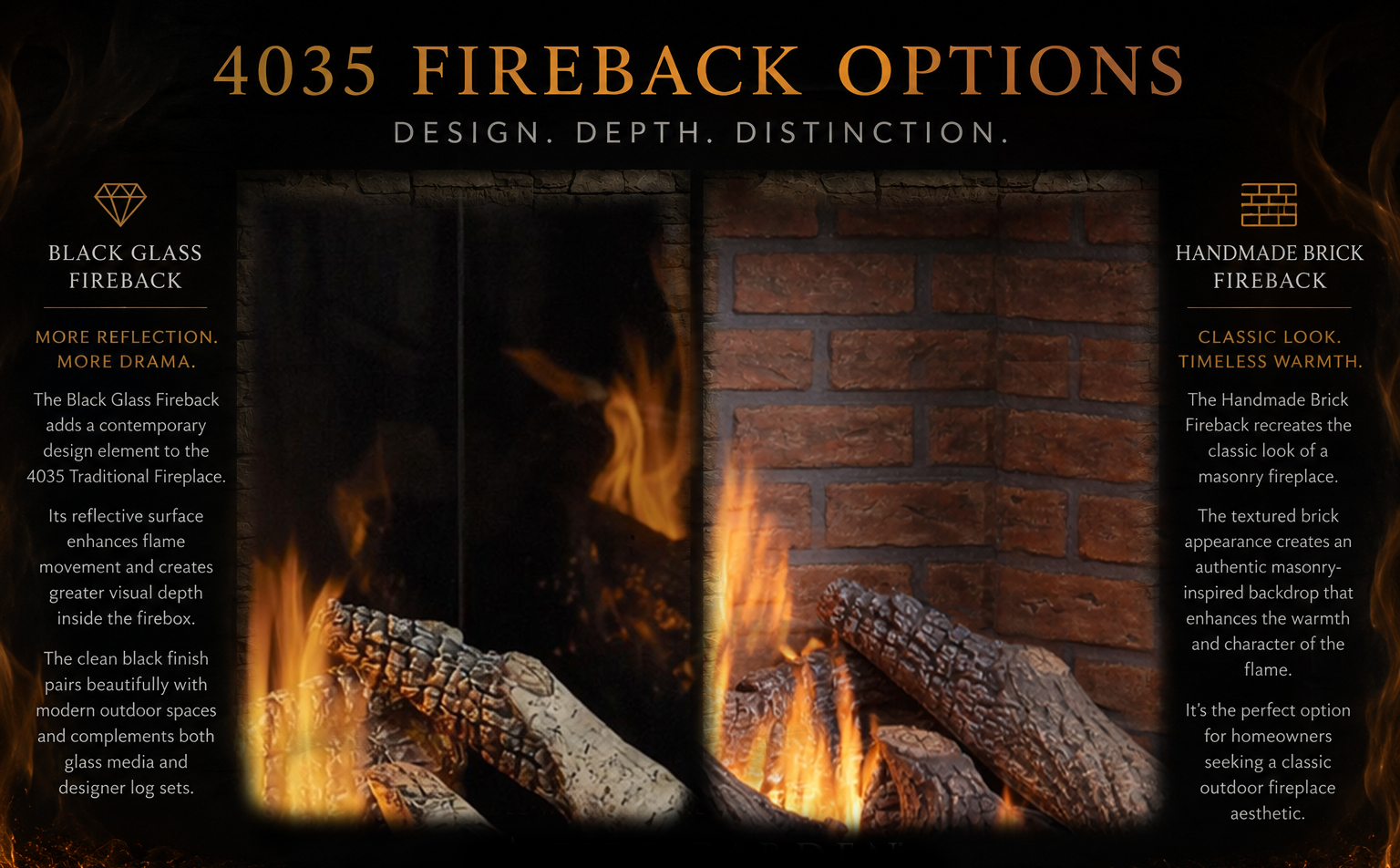 Promotional hero for 4035 Fireback Options, showing black glass and brick firebacks with flames.