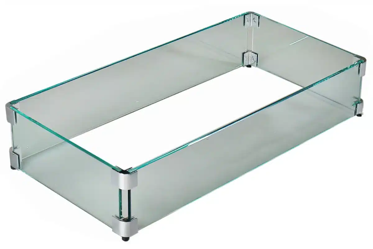 Rectangular glass display case with clear panels and metal corner supports.