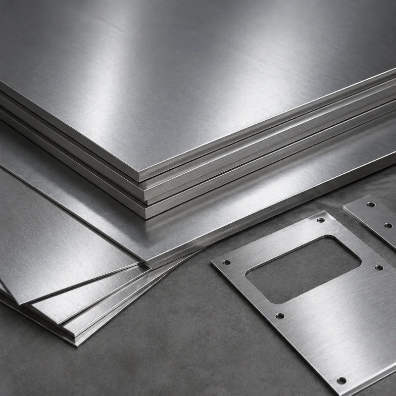 home-features-stainless-steel Stack of brushed stainless steel sheets with a rectangular metal plate featuring a cutout and holes on a workshop surface.