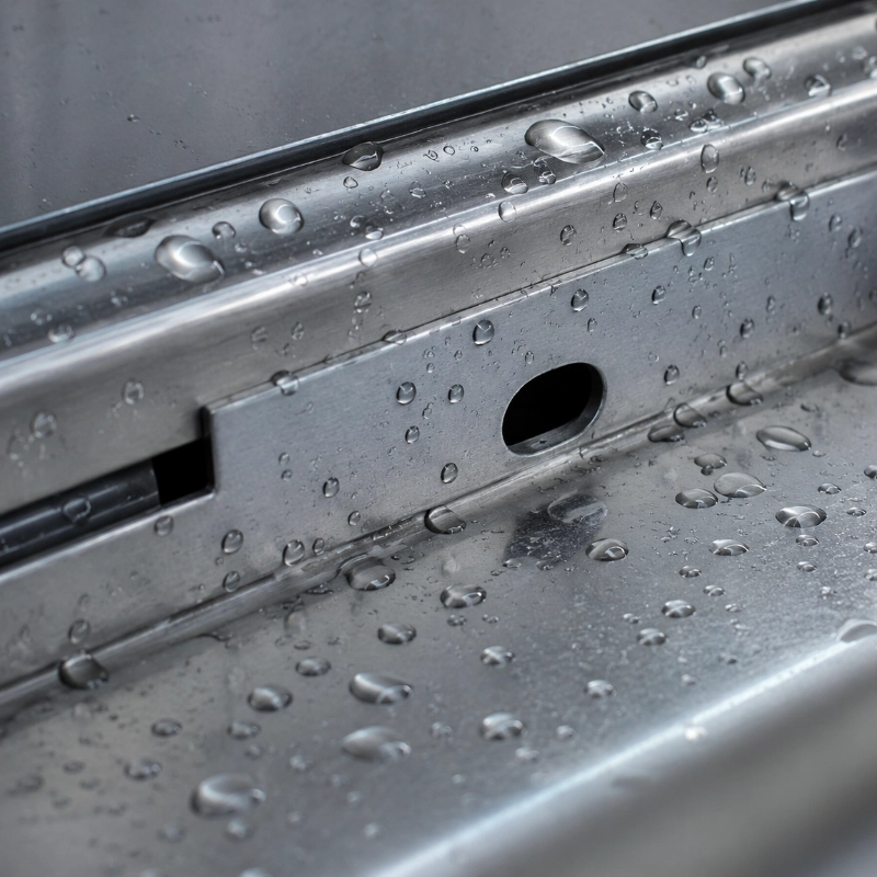 home-features-weep-ports Close-up of a wet silver metal surface with scattered water droplets and a small round hole in the panel