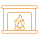 Storefront with a lit fireplace logo in the window, suggesting a fireplace shop or showroom.