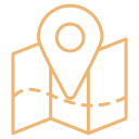 Map icon with an orange location pin centered on a stylized map, representing a place or location marker