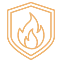 Orange shield safety emblem featuring a water droplet with a flame, symbolizing fire and water safety.