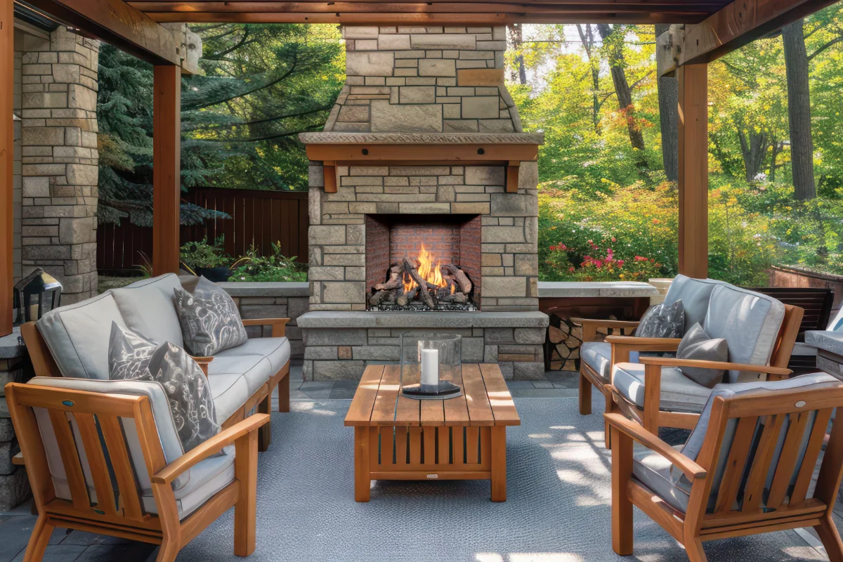 Cozy outdoor seating area around a stone fireplace with wooden chairs and a coffee table, garden in the background.
